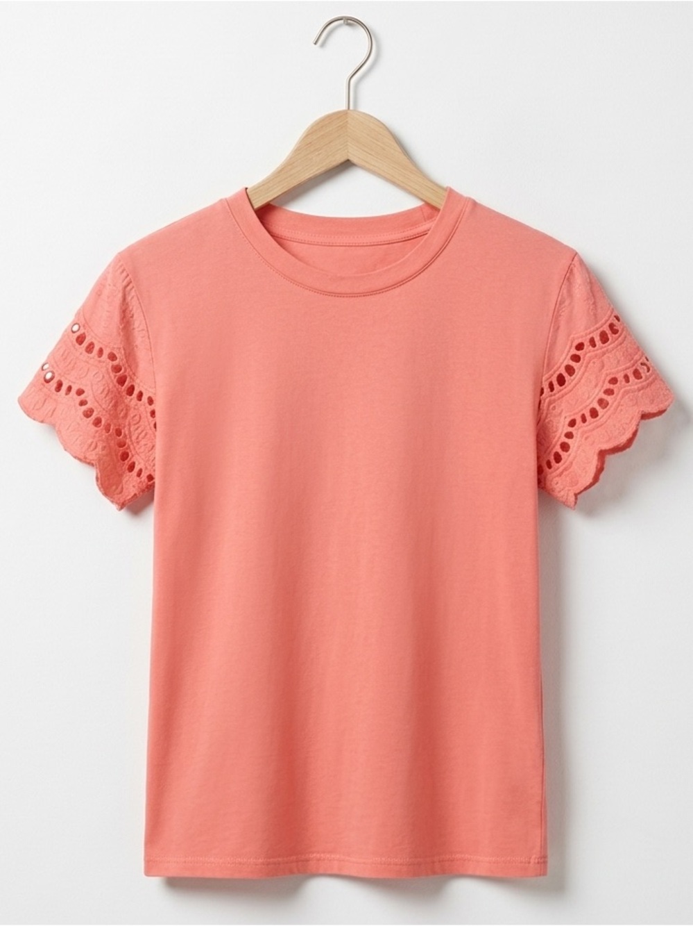 Women’s Coral Eyelet Short Scalloped Sleeve Crewneck Cotton Blend Spring Top